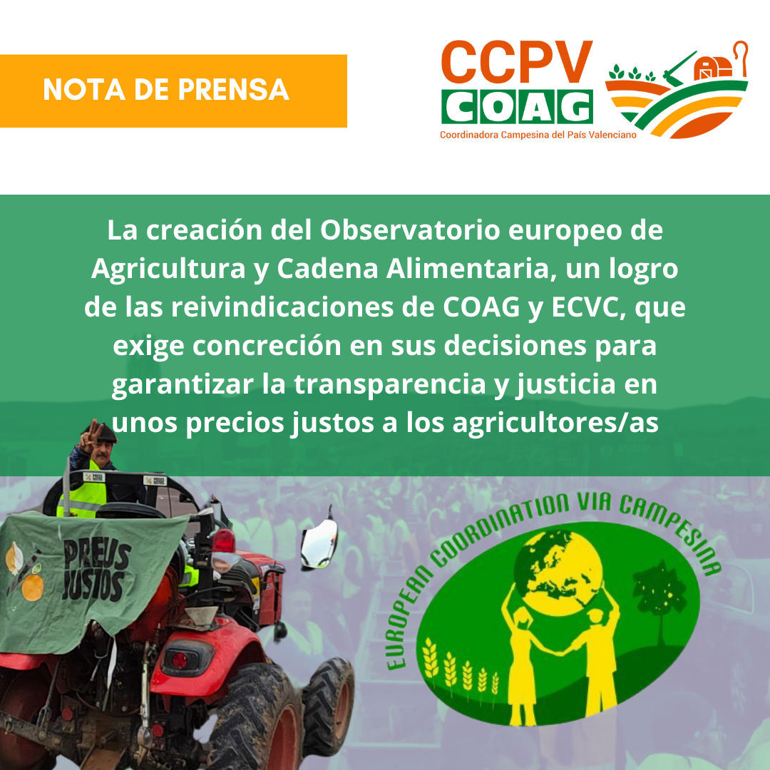 La creació de l’Observatori europeu d’Agricultura i Cadena Alimentària, un assoliment de les reivindicacions de COAG i ECVC, que exigeix concreció en les seues decisions per a garantir la transparència i justícia en uns preus justos als agricultors/es